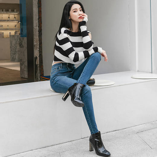 韩国letsdiet牛仔裤女春秋款毛边小脚裤中高腰直筒百搭显瘦长裤