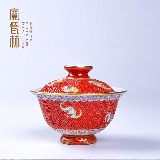 【宝】红地雕刻洪福齐天盖碗 商品图4