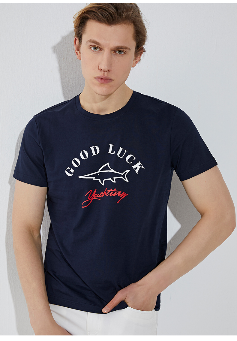 good luck德鲨4色棉混纺logo厚板印花圆领短袖t恤l193