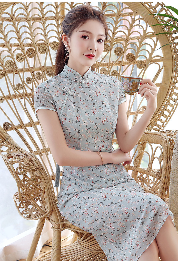 xgtq2093雪纺印花小碎花旗袍裙