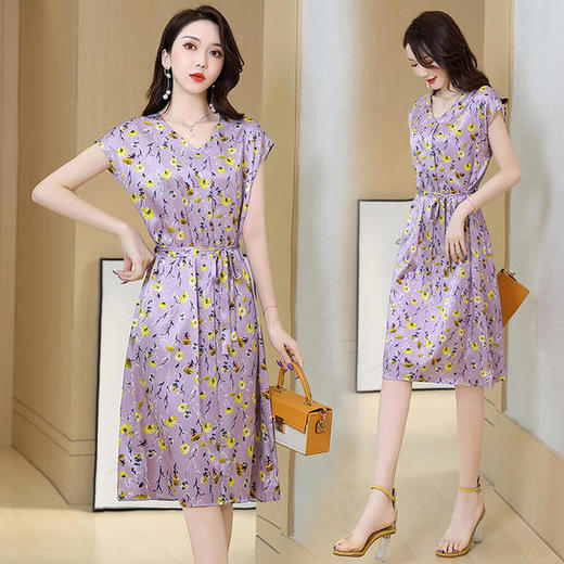 ASE-2282优雅复古显瘦印花真丝连衣裙 商品图0