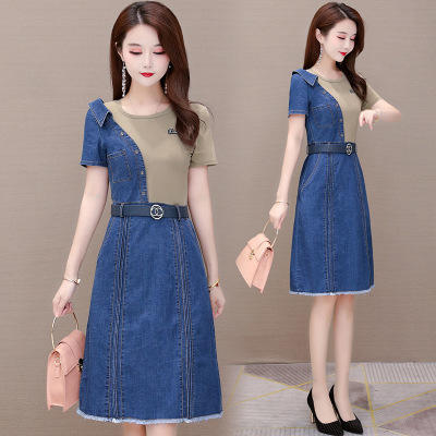 WEKED91255牛仔连衣裙中长款短袖拼接打底裙 商品图0