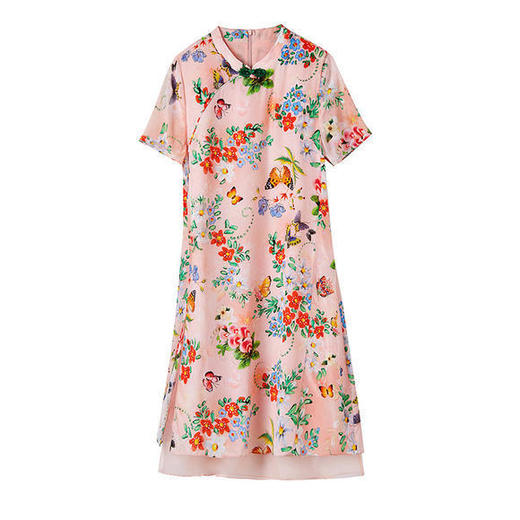 FP-F5122新款复古立领珠扣气质印花真丝连衣裙 商品图4