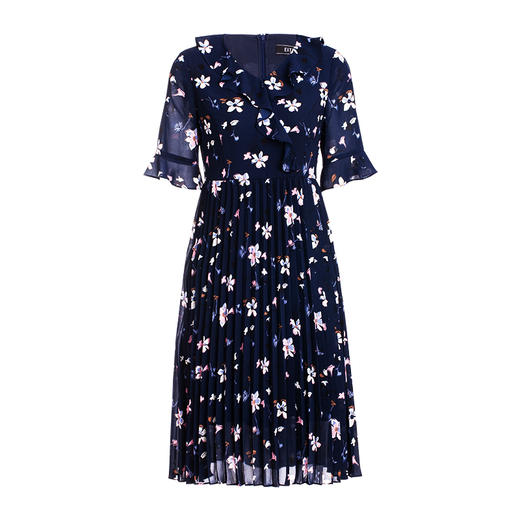 EITIE爱特爱夏季新款时尚荷叶V领喇叭袖印花百褶连衣裙女B2007438 商品图4