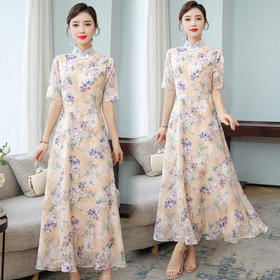 HT-9281夏装改良旗袍连衣裙收腰大摆印花连衣裙