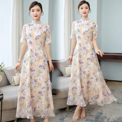 HT-9281夏装改良旗袍连衣裙收腰大摆印花连衣裙 商品图0