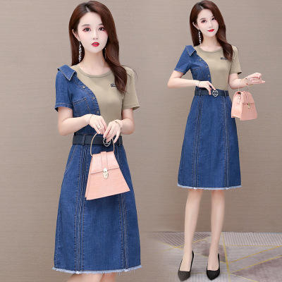 WEKED91255牛仔连衣裙中长款短袖拼接打底裙 商品图2