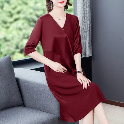 XFFS-9272醋酸连衣裙夏新款宽松拼接短袖V领长裙阔太太时尚气质裙子 商品图1