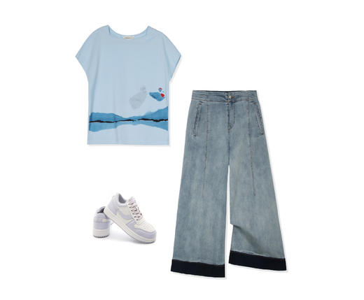 WZNH-WR3172新款时尚气质通勤印花短袖T恤牛仔裤两件套装 商品图4