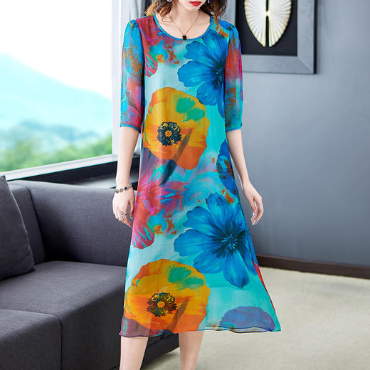 YMN-P93HT131  2020春新款女装真丝连衣裙中袖大码宽松印花中长款气质桑蚕丝裙子 商品图2