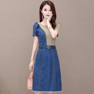 WEKED91255牛仔连衣裙中长款短袖拼接打底裙 商品图1