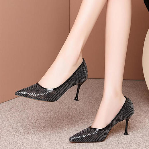 OLD-SS9219尖头蕾丝网纱透气亮片镂空细跟高跟单鞋 商品图0