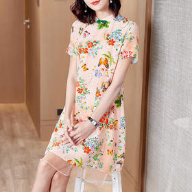 FP-F5122新款复古立领珠扣气质印花真丝连衣裙