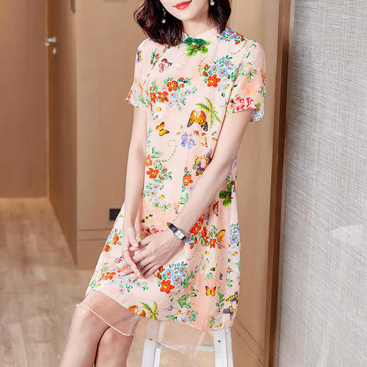 FP-F5122新款复古立领珠扣气质印花真丝连衣裙 商品图0