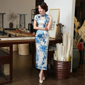 SZZH-青花瓷中国风真丝长款旗袍
