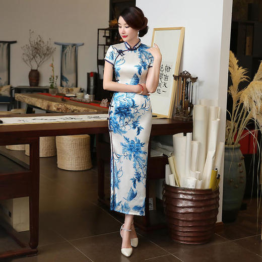 SZZH-青花瓷中国风真丝长款旗袍 商品图0