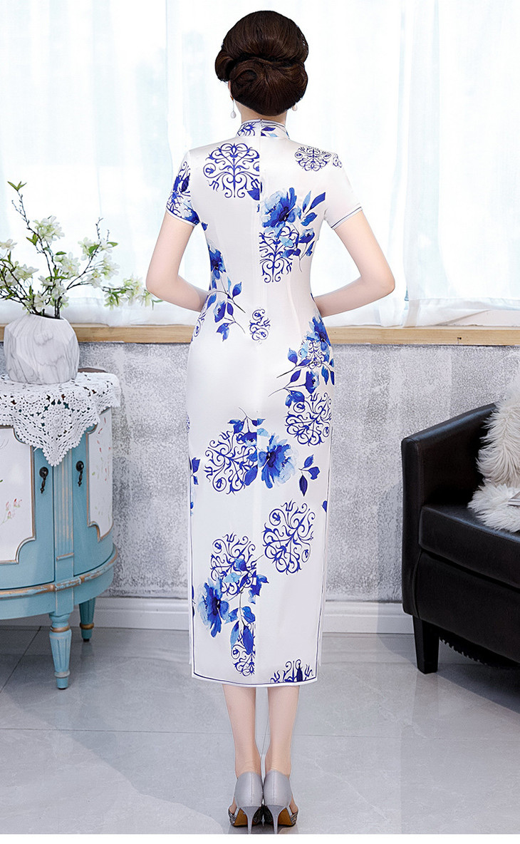 hyx206613真丝旗袍青花瓷长款桑蚕丝