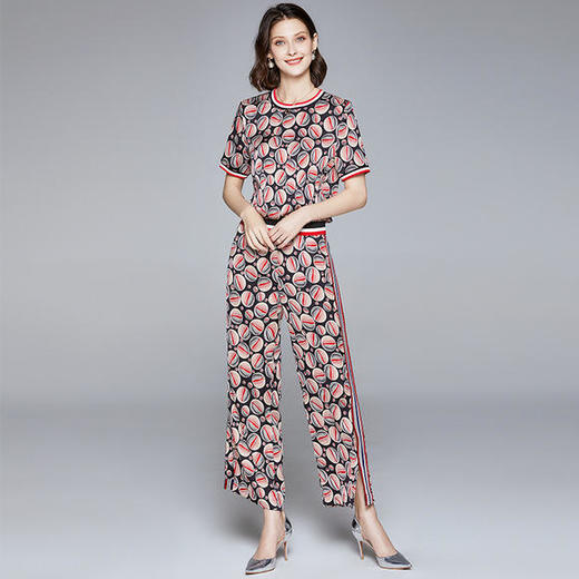 BHS-020216156时尚休闲撞色罗纹印花套装 商品图1