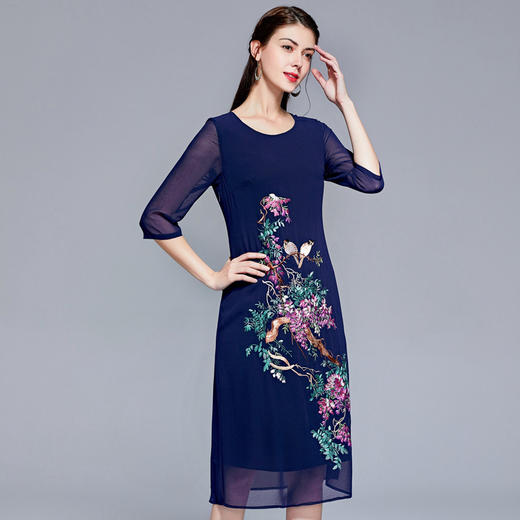 LSNH-JS8399新款民族风雪纺乔其丝花鸟刺绣中长款连衣裙 商品图2