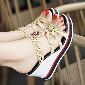 YKS-LJ-20519新款坡跟厚底田园风编织舒适韩版女拖鞋