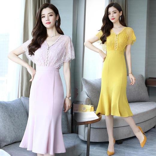 XP-BBL1052夏季V领短袖网纱拼接套头显廋大码鱼尾裙 商品图0