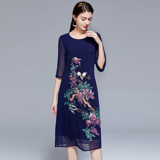 LSNH-JS8399新款民族风雪纺乔其丝花鸟刺绣中长款连衣裙 商品图1