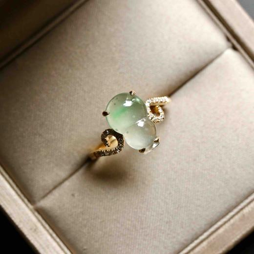 高冰到玻璃种阳绿雪花棉翡翠葫芦戒指18k黄金钻石镶嵌