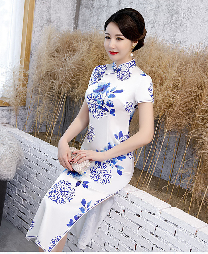 hyx206613真丝旗袍青花瓷长款桑蚕丝