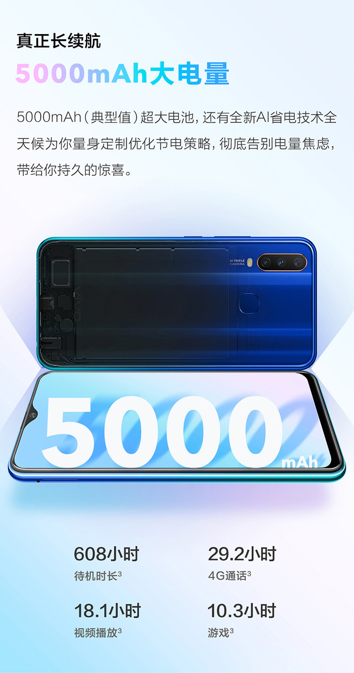 vivou3x4gb64gb深湖蓝5000mah大电池18w双引擎闪充骁龙665处理器全