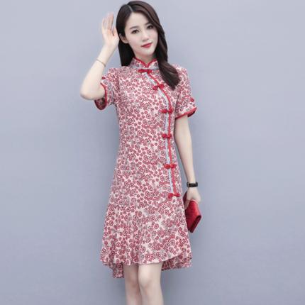 HT 1040 2020夏装新款欧货复古唐装扣碎花色显瘦改良旗袍连衣裙 商品图2