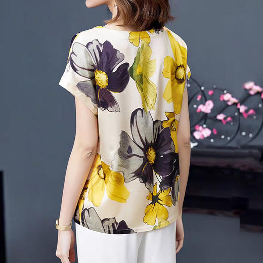 丁摩 新款真丝上衣女短袖桑蚕丝衬衫宽松印花T恤20-154HS-DY199 商品图3