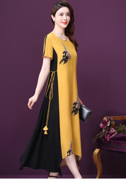 WXY-W-YE-26153W双绉真丝裙子新款圆领气质淑女大码显瘦蚕丝裙 商品图1