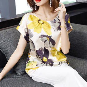 丁摩 新款真丝上衣女短袖桑蚕丝衬衫宽松印花T恤20-154HS-DY199