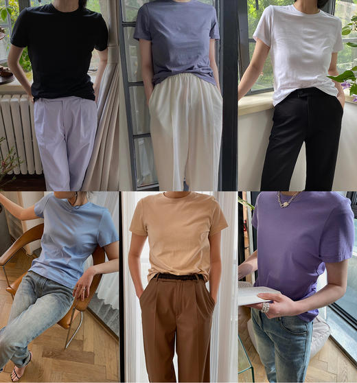 HIDEMI 基础必入 新款超薄有机棉清透收身T恤 六入色 白色/黑色/豆乳色/马卡龙蓝/马卡龙紫/深灰色 商品图1