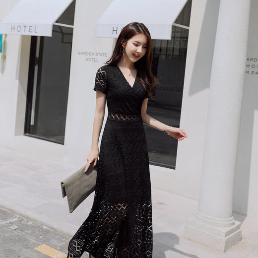 WZNH-YQM008-1潮流韩版修身气质文雅淑女甜美短袖V领连衣裙 商品图2