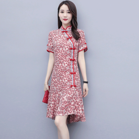 HT 1040 2020夏装新款欧货复古唐装扣碎花色显瘦改良旗袍连衣裙