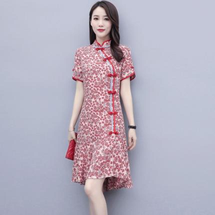 HT 1040 2020夏装新款欧货复古唐装扣碎花色显瘦改良旗袍连衣裙 商品图0