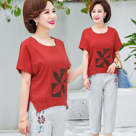 JR-Q8TA924CF休闲中老年女装夏装大码棉麻两件套