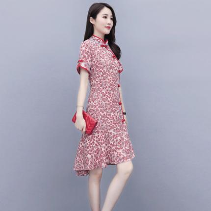 HT 1040 2020夏装新款欧货复古唐装扣碎花色显瘦改良旗袍连衣裙 商品图1