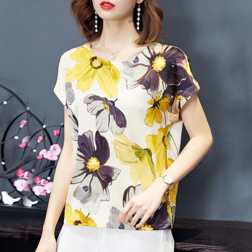 丁摩 新款真丝上衣女短袖桑蚕丝衬衫宽松印花T恤20-154HS-DY199 商品图1