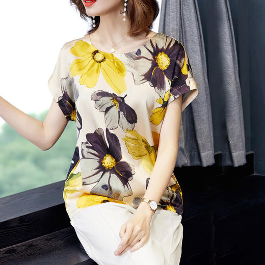 丁摩 新款真丝上衣女短袖桑蚕丝衬衫宽松印花T恤20-154HS-DY199 商品图2