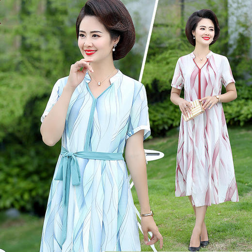 YMS-NAF9201妈妈雪纺洋气连衣裙新款中老年气质收腰过膝裙子 商品图0