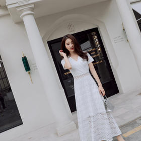 WZNH-YQM008-1潮流韩版修身气质文雅淑女甜美短袖V领连衣裙