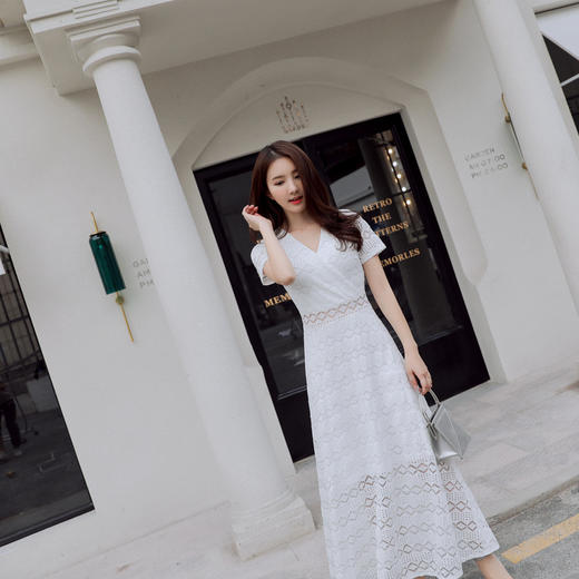 WZNH-YQM008-1潮流韩版修身气质文雅淑女甜美短袖V领连衣裙 商品图0