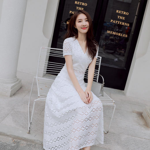 WZNH-YQM008-1潮流韩版修身气质文雅淑女甜美短袖V领连衣裙 商品图1