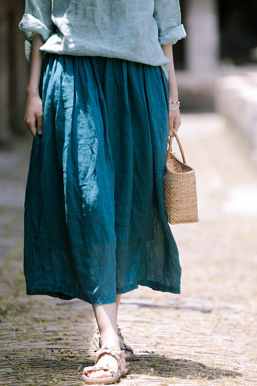 绽放e332朵/幽湖/2020夏新款苎麻双层飘逸裙裤凉爽舒适半身裙裤女