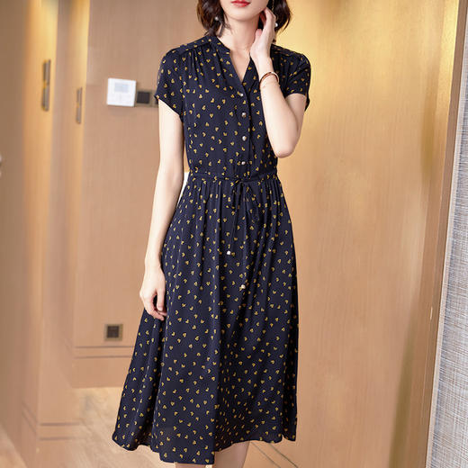 丁摩 真丝连衣裙新款显瘦女桑蚕丝印花V领系带收腰裙20-165DA499 商品图1