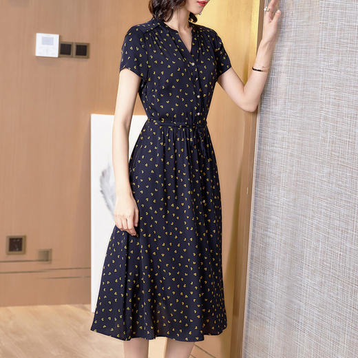 丁摩 真丝连衣裙新款显瘦女桑蚕丝印花V领系带收腰裙20-165DA499 商品图6