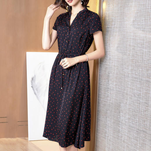 丁摩 真丝连衣裙新款显瘦女桑蚕丝印花V领系带收腰裙20-165DA499 商品图0