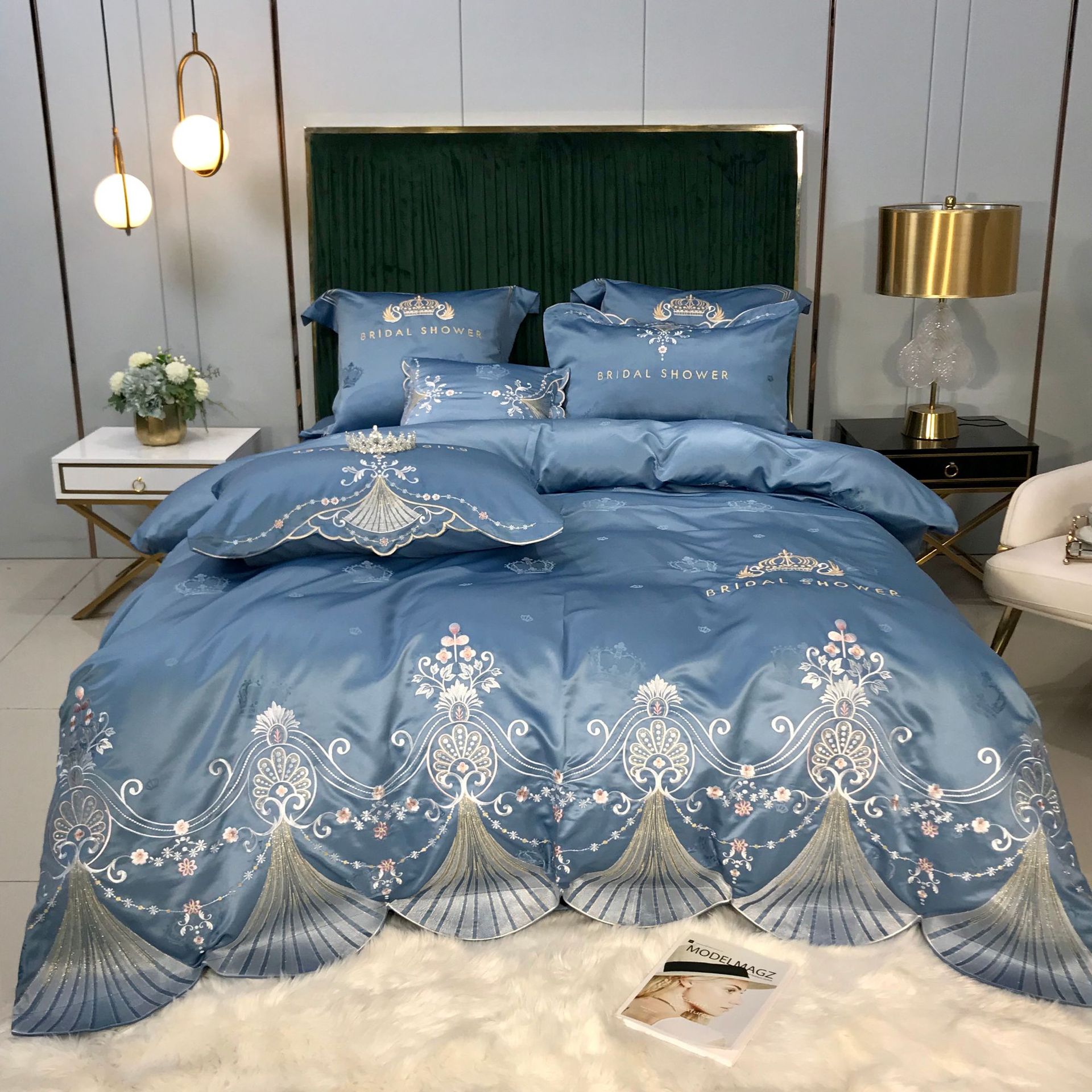 公主风全棉贡缎真丝绸刺绣四件套冰丝质纯棉床单被套欧式丝滑床品